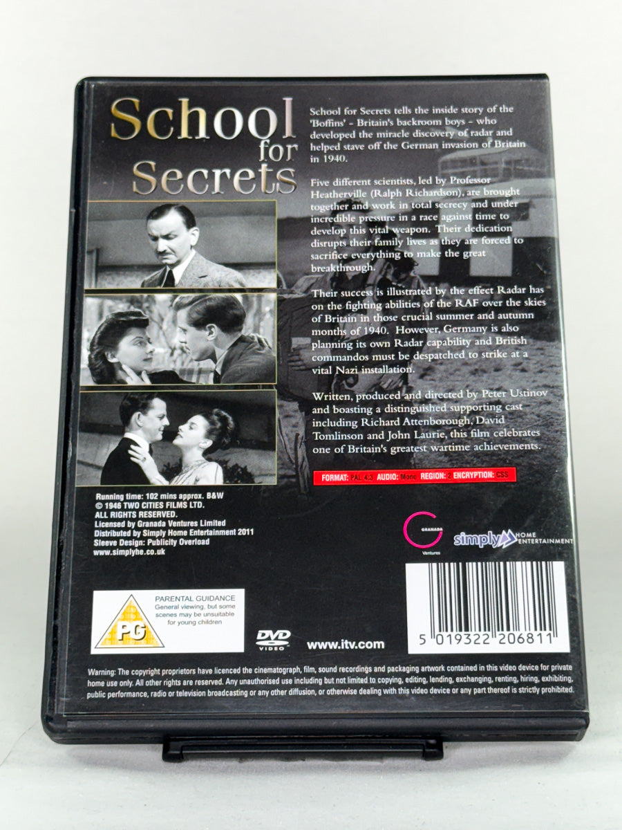 Bakside av DVD-cover til School for Secrets – viser rollebesetning og filmomtale, brukt DVD fra Brukbar Film.