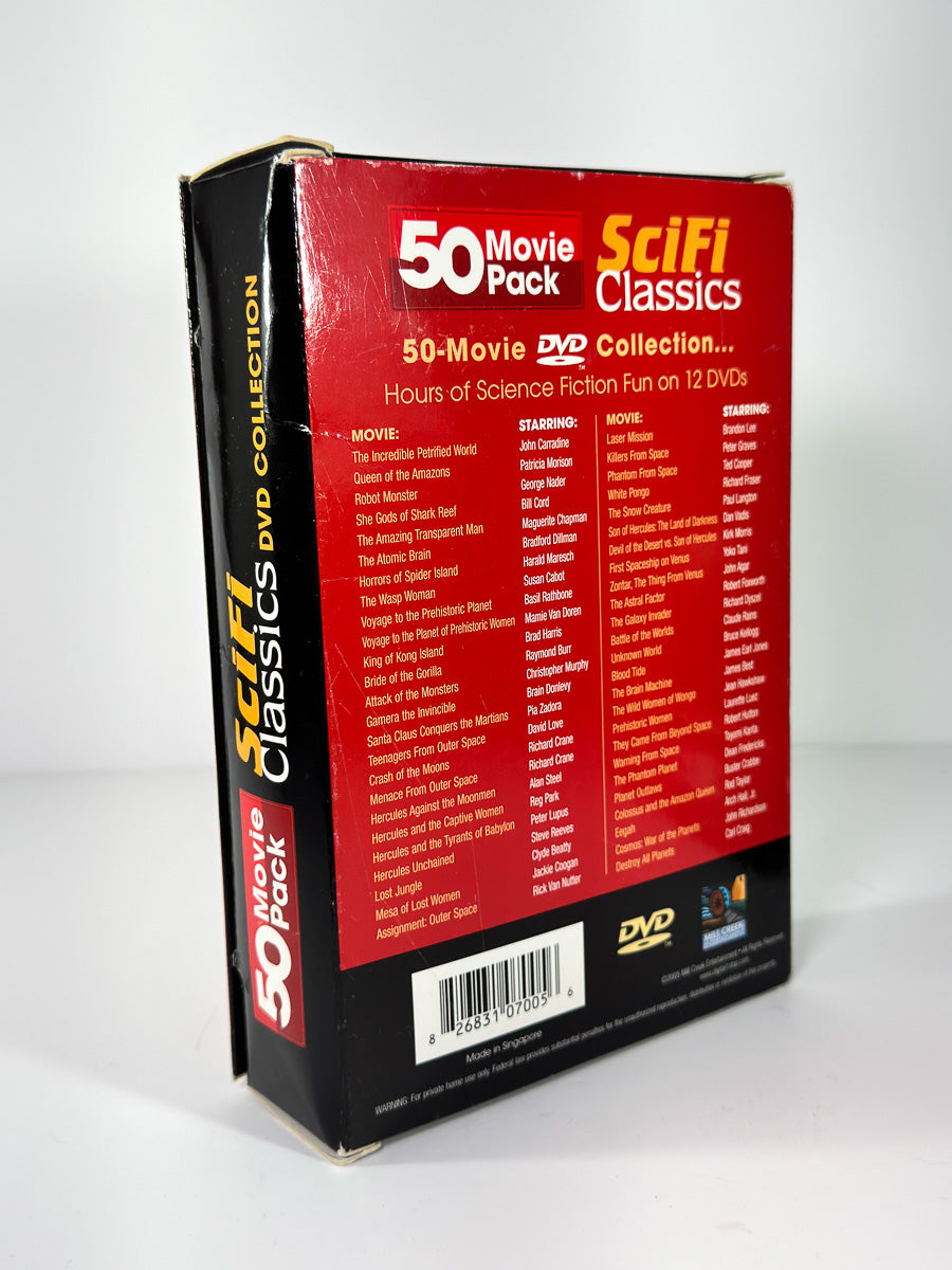 Bakside av cover til Sci-Fi Classics – 50 Movie Pack hos Brukbar Film, informasjon om innhold og utgivelse.