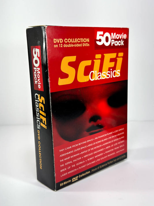 Forside av cover til Sci-Fi Classics – 50 Movie Pack hos Brukbar Film, science fiction-samling med klassiske filmer.