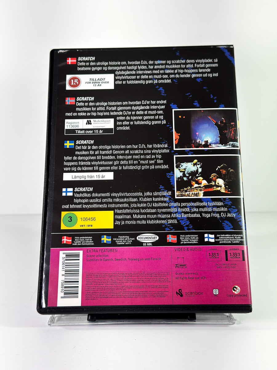 Bakside av cover til Scratch, bruktfilm på DVD hos Brukbar Film