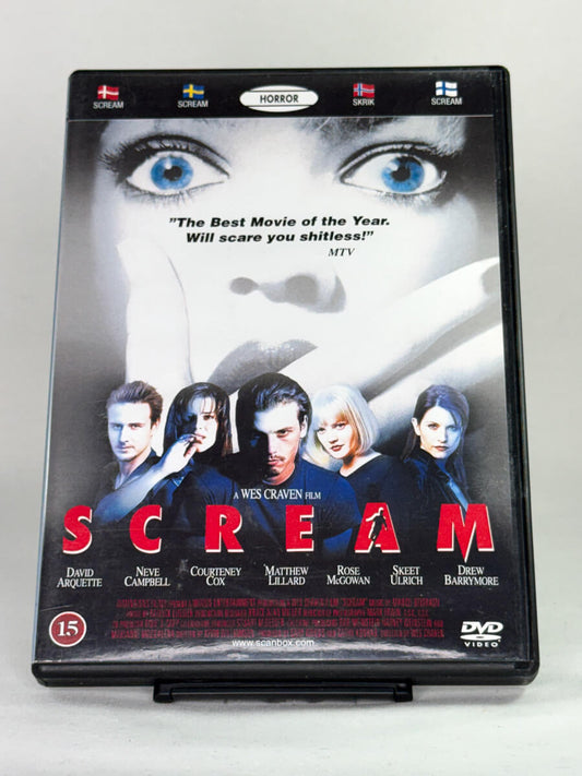 DVD-cover-forside til filmen Scream (Skrik) – Brukt DVD fra nettbutikken Brukbar Film