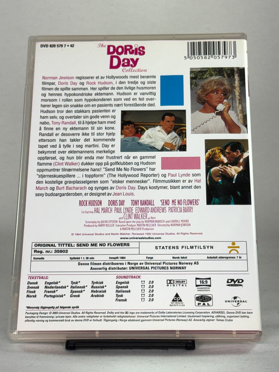 Bakside av DVD-cover til Send Me No Flowers – inneholder synopsis og produksjonsinformasjon, brukt DVD fra Brukbar Film.