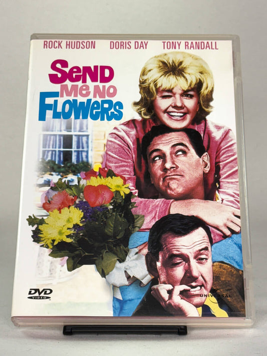 Forside av DVD-cover til Send Me No Flowers – romantisk komedie med Rock Hudson og Doris Day, brukt DVD hos Brukbar Film.