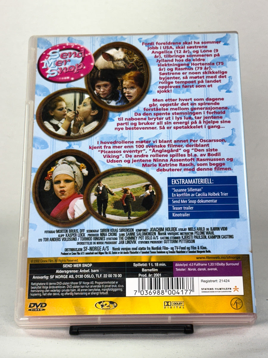 Bakside av DVD-cover til filmen Send Mer Snop – humoristisk familiekomedie, brukt DVD originalutgave fra Brukbar Film