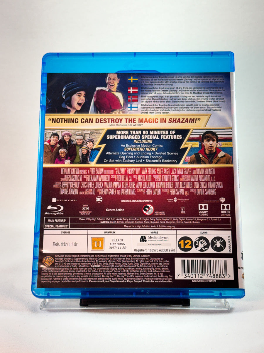 Bakside av Blu-ray-cover til Shazam!, bruktfilm hos nettbutikken Brukbar Film