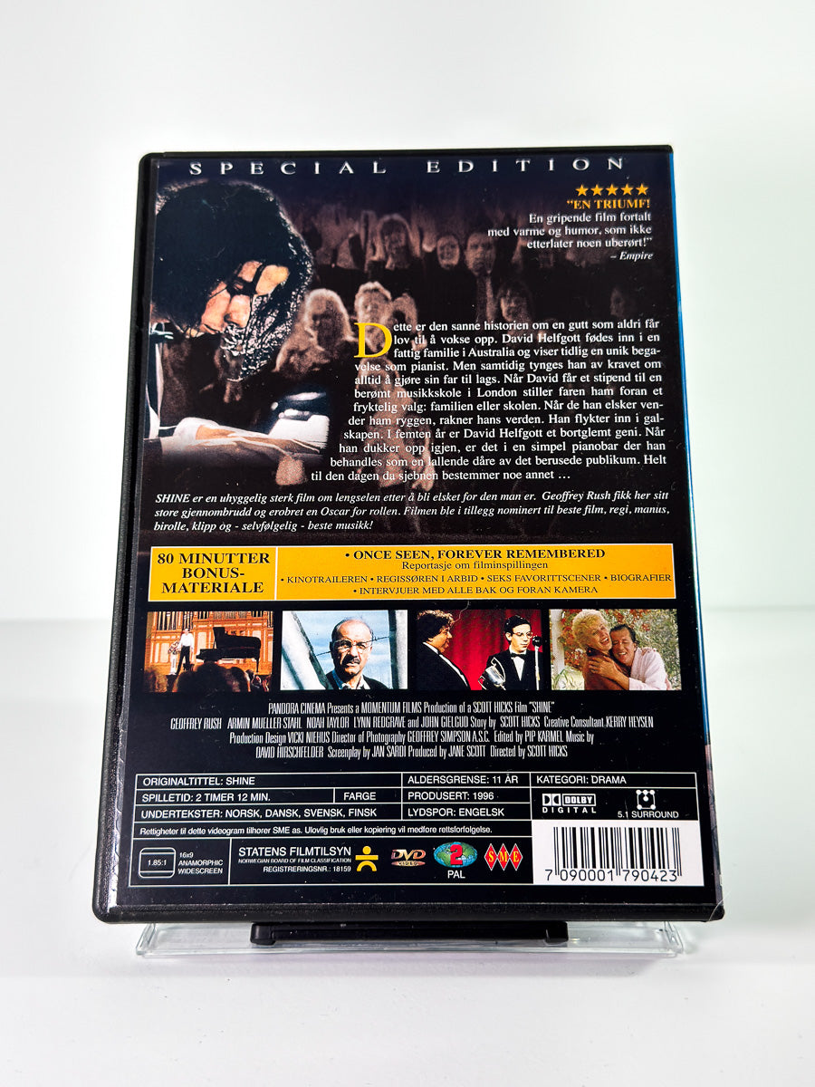 Bakside av cover til Shine, brukt original DVD hos Brukbar Film
