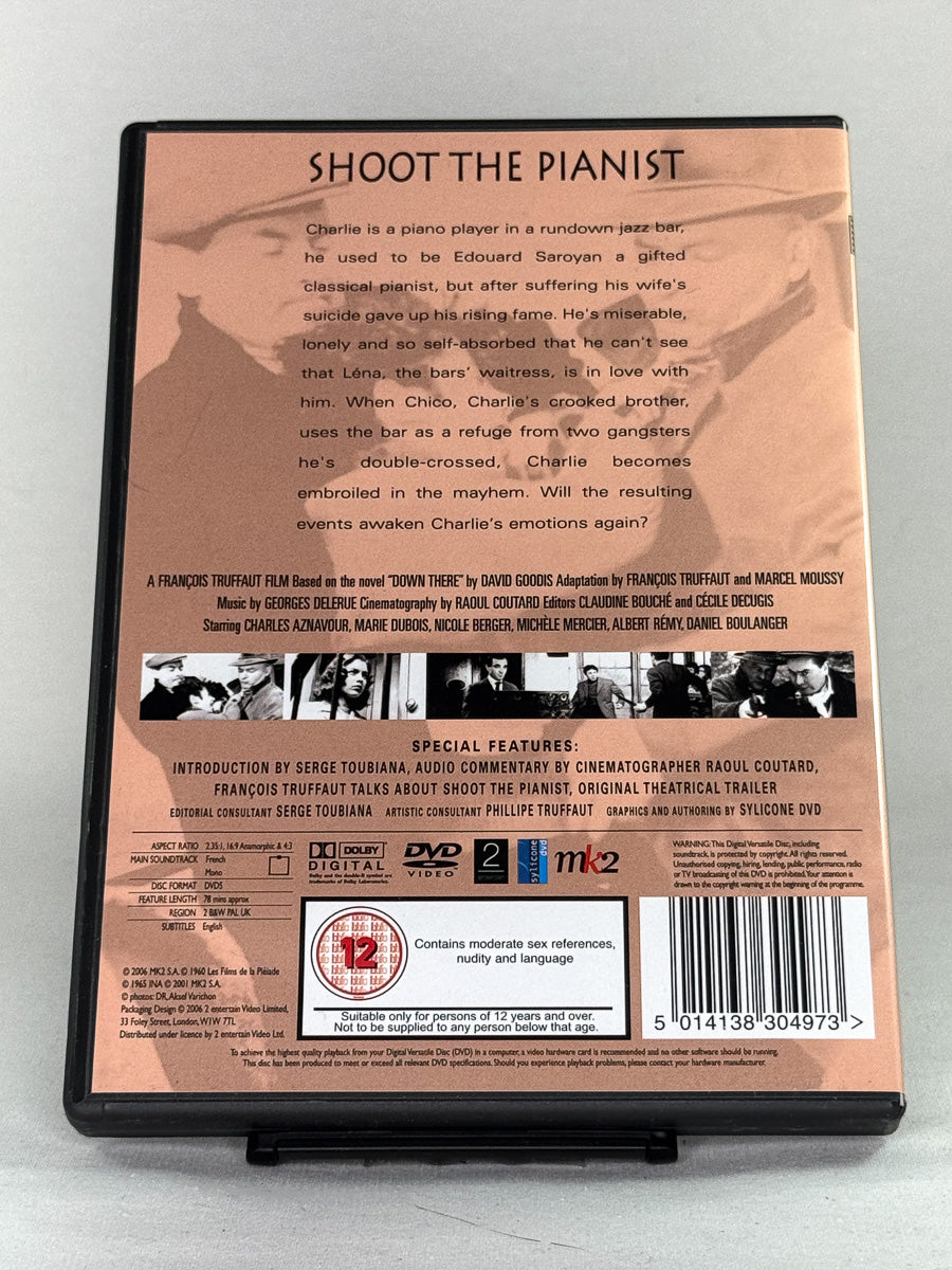 Bakside av DVD-cover til Shoot the Pianist – med synopsis, bilder og teknisk info, brukt DVD fra Brukbar Film.