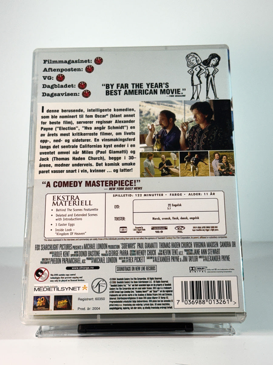 Bakside av cover til Sideways, bruktfilm på DVD hos Brukbar Film