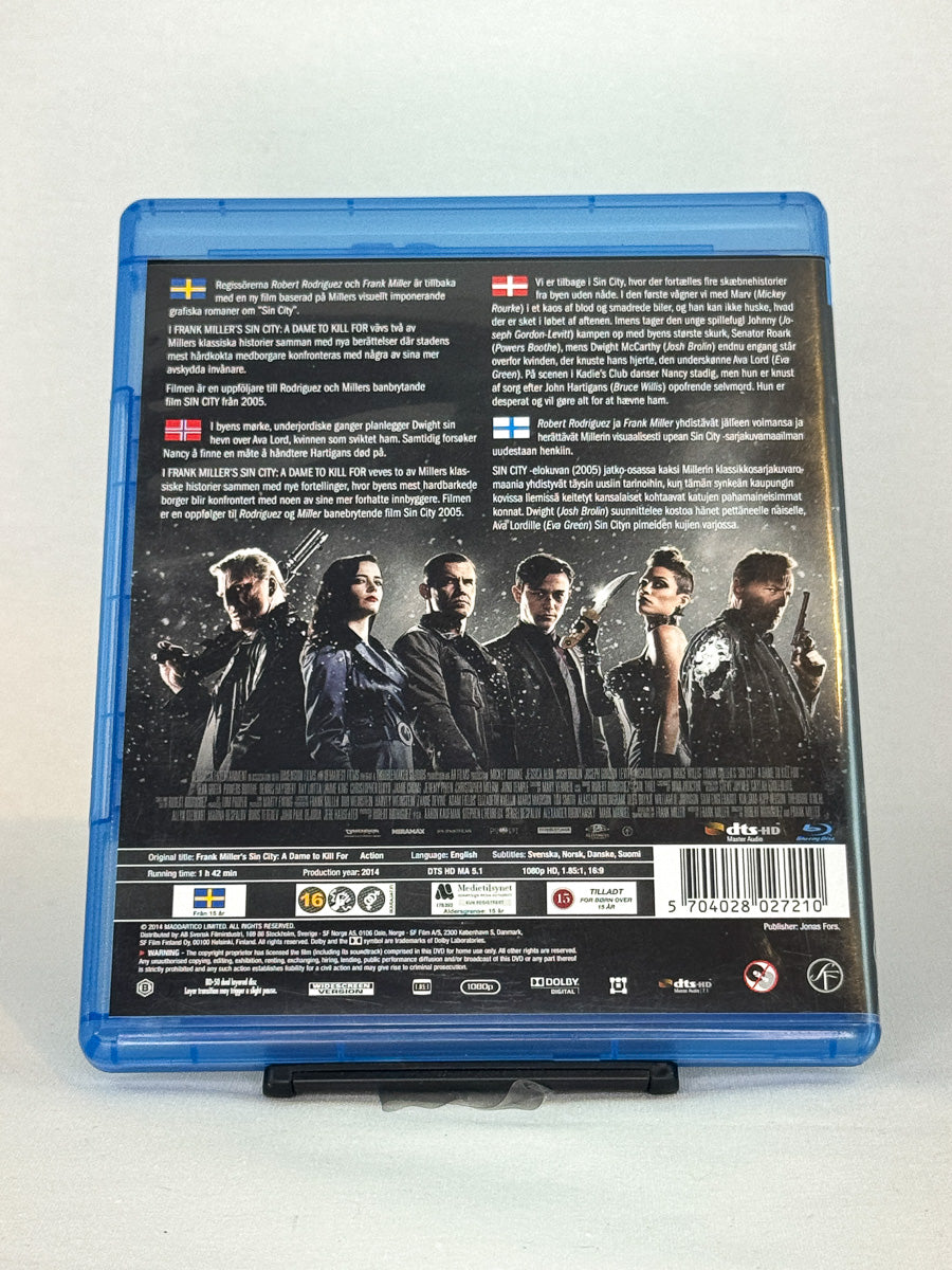 Bakside av Blu-ray 3D-cover for Sin City: A Dame to Kill For – brukt original 3D Blu-ray film fra Brukbar Film