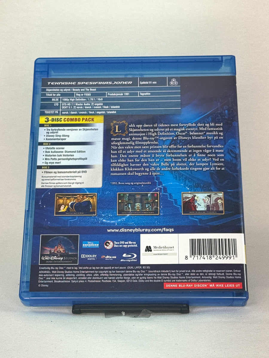 Bakside av Diamond Edition Blu-ray + DVD-cover for Skjønnheten og Udyret – brukt original Disney klassiker på Blu-ray, hos Brukbar Film