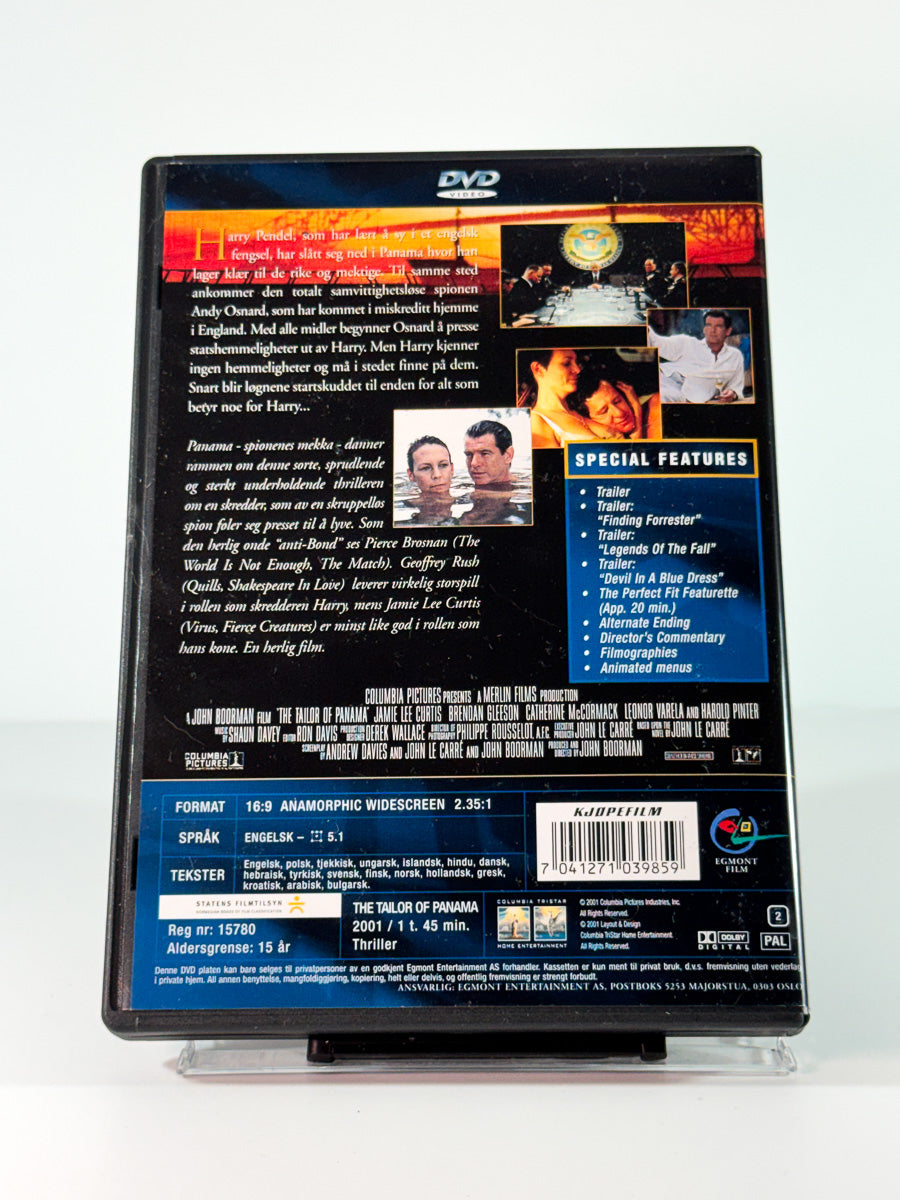 Bakside av cover til Skredderen i Panama, brukt original DVD hos Brukbar Film
