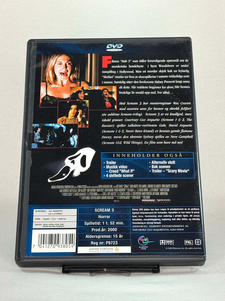 DVD-cover-bakside til filmen Skrik 3 – Brukt DVD fra nettbutikken Brukbar Film