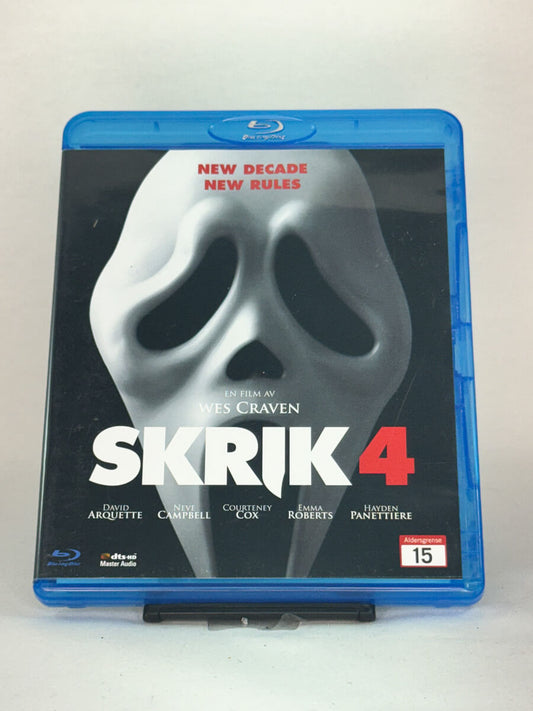 Forside av Skrik 4 Blu-ray-cover – brukt skrekkfilm med Neve Campbell og Courteney Cox, hos Brukbar Film