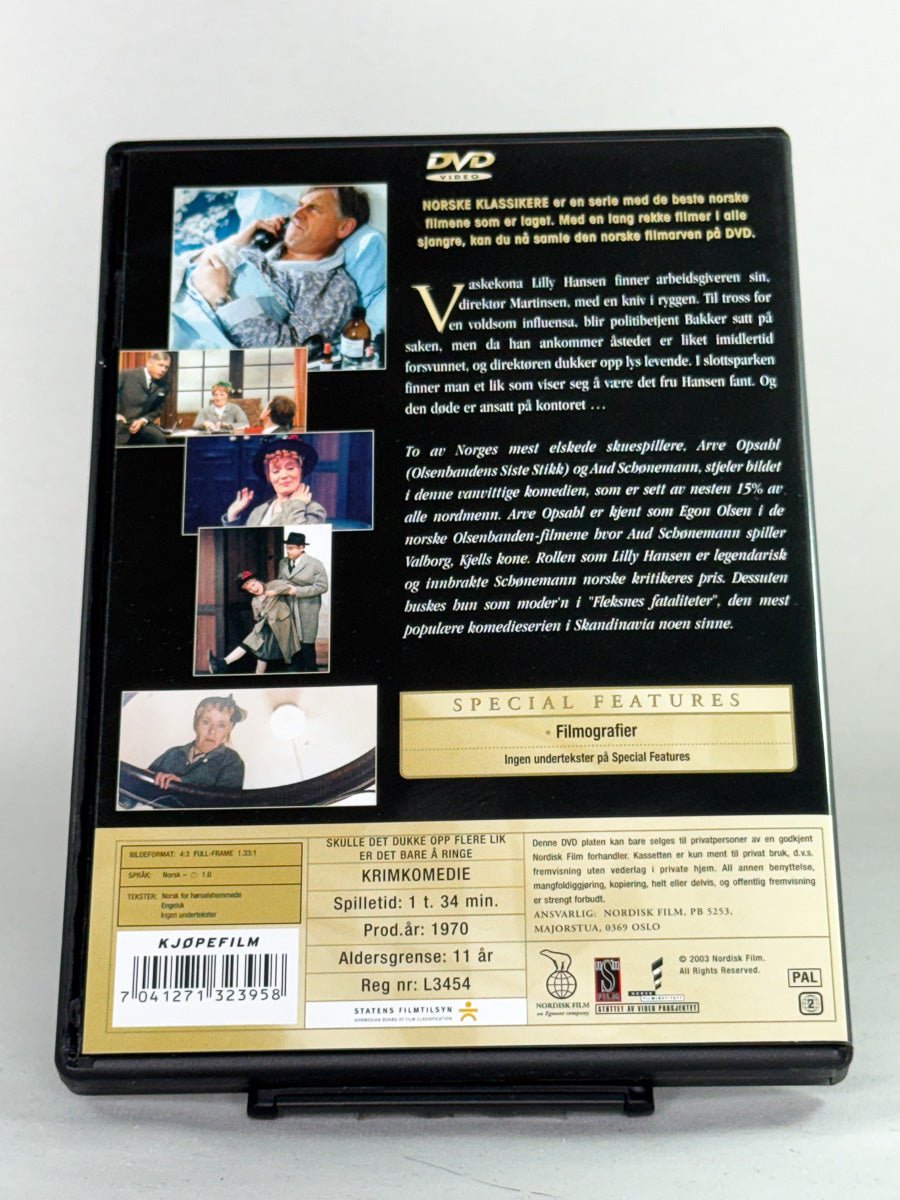DVD-bakside til filmen Skulle det dukke opp flere lik er det bare å ringe
Baksiden viser info, spesifikasjoner og eventuell ekstratekst – produktbilde fra nettbutikken Brukbar Film