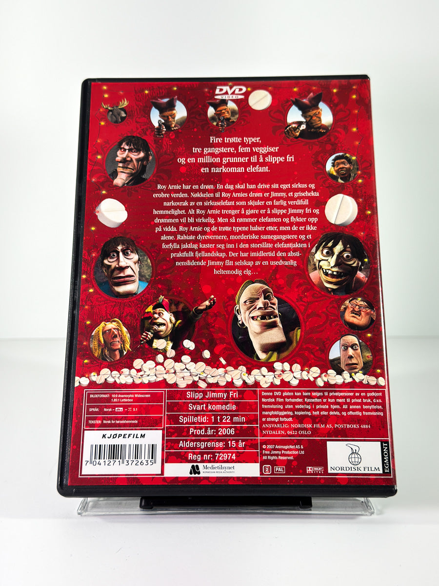Bakside av cover til Slipp Jimmy Fri, bruktfilm på DVD hos Brukbar Film