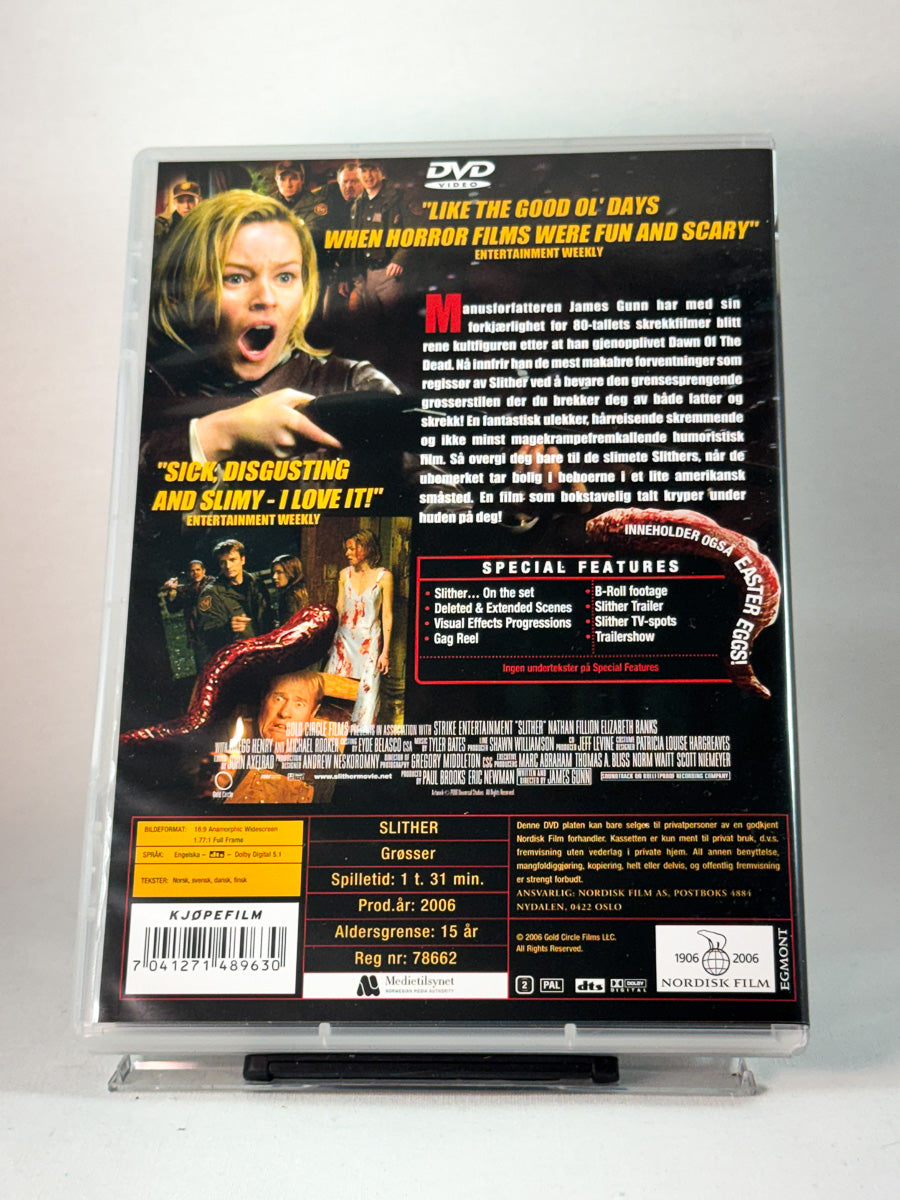 Bakside av cover til Slither, brukt original DVD hos Brukbar Film