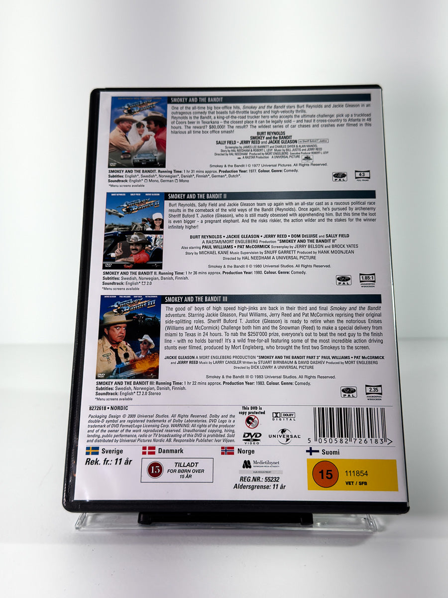 Bakside av cover til Smokey and the Bandit 1 2 and 3, bruktfilm på DVD hos Brukbar Film
