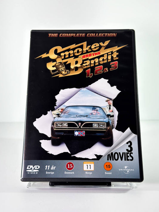 Forside av cover til Smokey and the Bandit 1 2 and 3, brukt DVD hos Brukbar Film