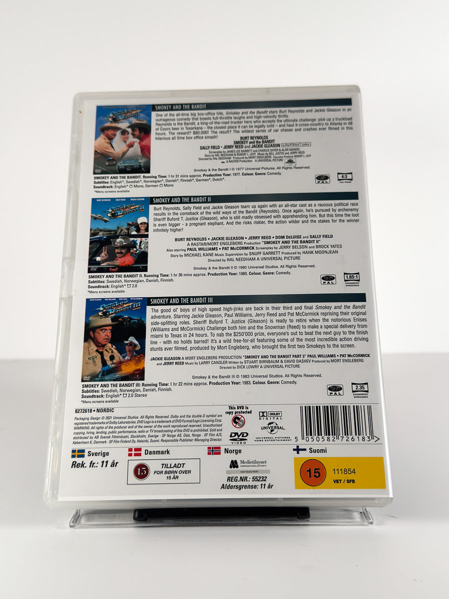 Bakside av cover til Smokey and the Bandit 1, 2 & 3 – The Complete Collection på DVD