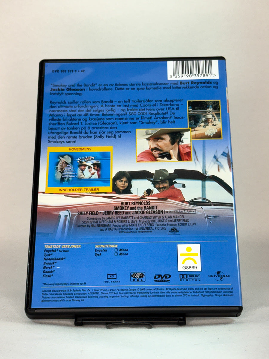 Bakside av Smokey and the Bandit (1977) med omtale, spesifikasjoner og rollebesetning – brukt DVD hos Brukbar Film