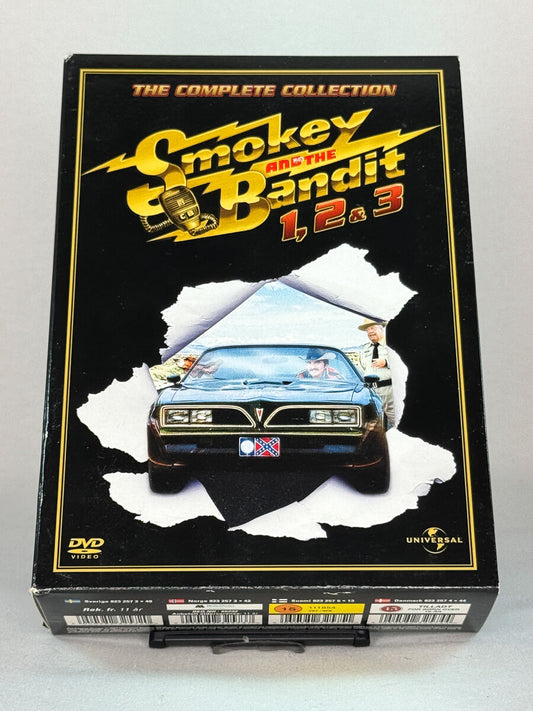 Forside av DVD-boksen Smokey and the Bandit – The Complete Collection med alle tre filmene samlet – brukt DVD hos Brukbar Film.