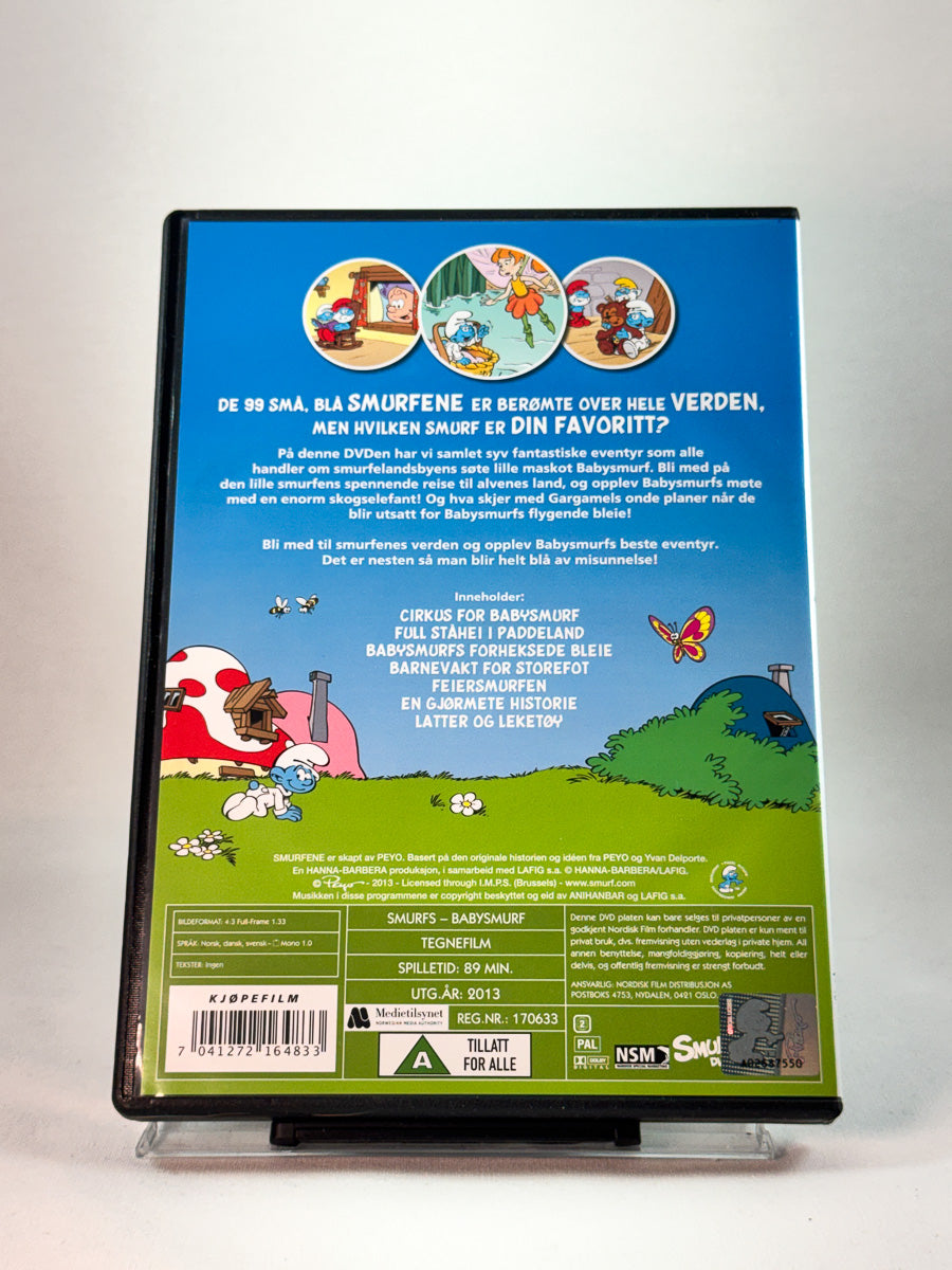 Bakside av cover til Smurfene Babysmurf, bruktfilm på DVD hos Brukbar Film