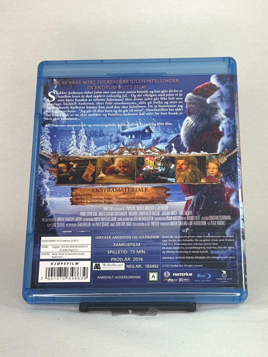 Bakside av Blu-ray-cover til Snekker Andersen og Julenissen – brukt norsk familiefilm på Blu-ray, tilgjengelig hos Brukbar Film