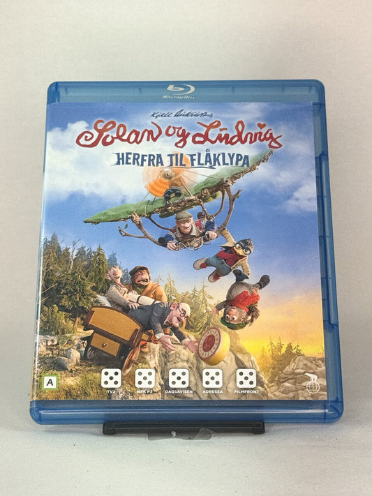 Forside av Blu-ray-filmcover for Solan og Ludvig: Herfra til Flåklypa – brukt norsk animasjonsfilm på DVD og Blu-ray hos Brukbar Film