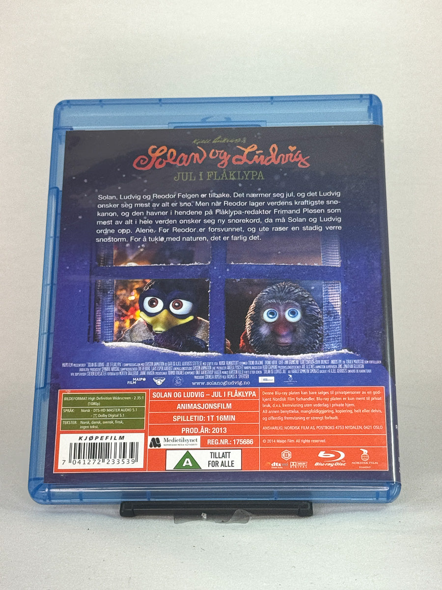 Bakside av Blu-ray-cover til Solan og Ludvig – Jul i Flåklypa – brukt Blu-ray av norsk familiefilm, hos Brukbar Film