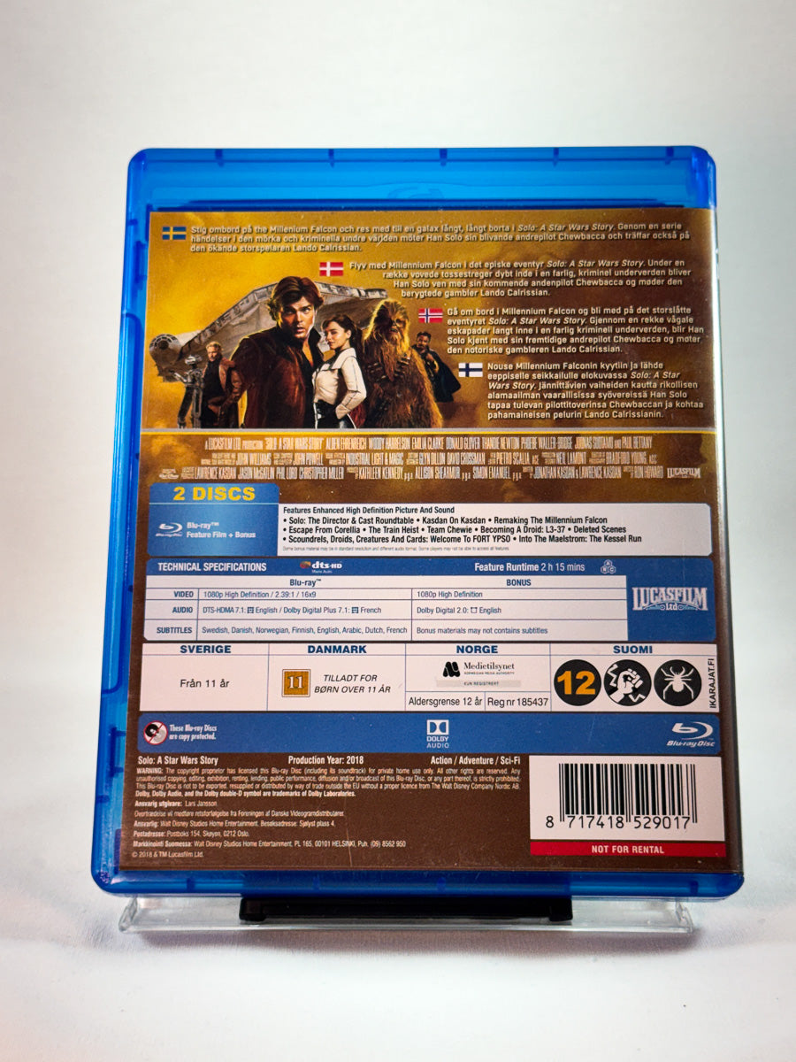 Bakside av cover til Solo: A Star Wars Story, brukt Blu-ray hos Brukbar Film
