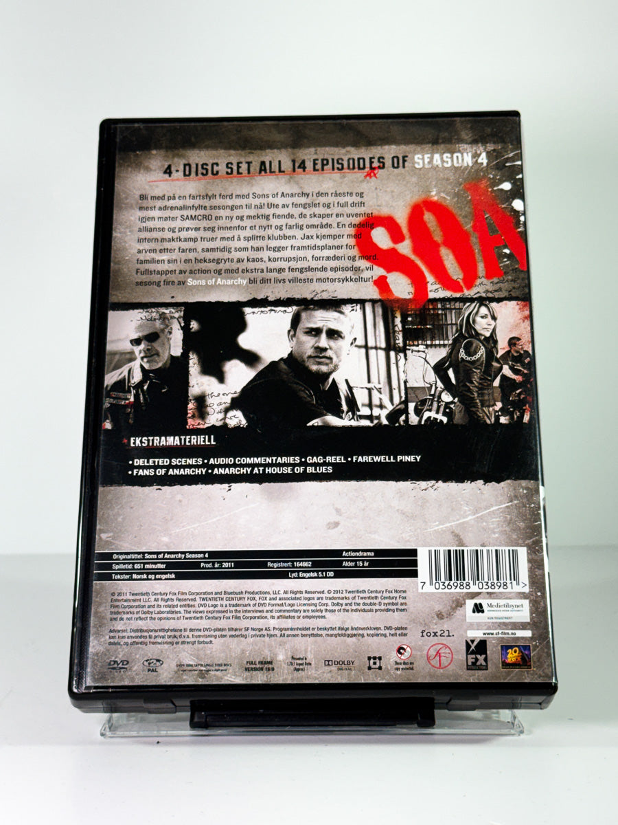 Bakside av cover til Sons of Anarchy Season 4, bruktfilm på DVD hos Brukbar Film
