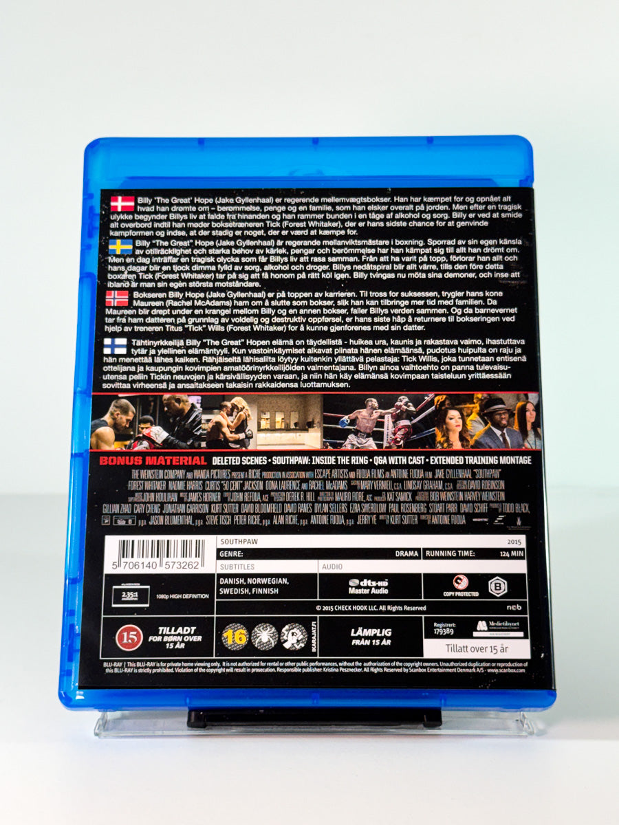 Bakside av cover til Southpaw på Blu-ray, brukt hos Brukbar Film
