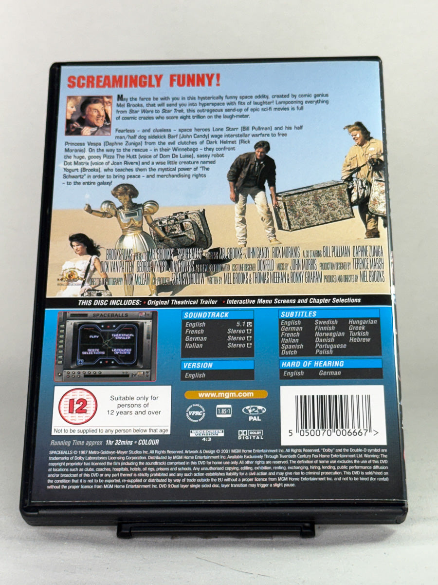 Bakside av filmcover til brukt DVD Spaceballs – brukt utgave av kultkomedien hos Brukbar Film