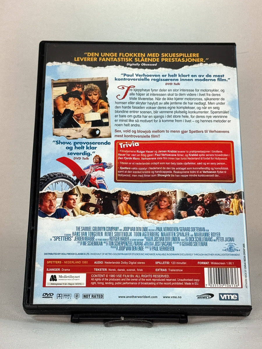 Bakside av DVD-cover til Spetters, brukt original DVD hos Brukbar Film
