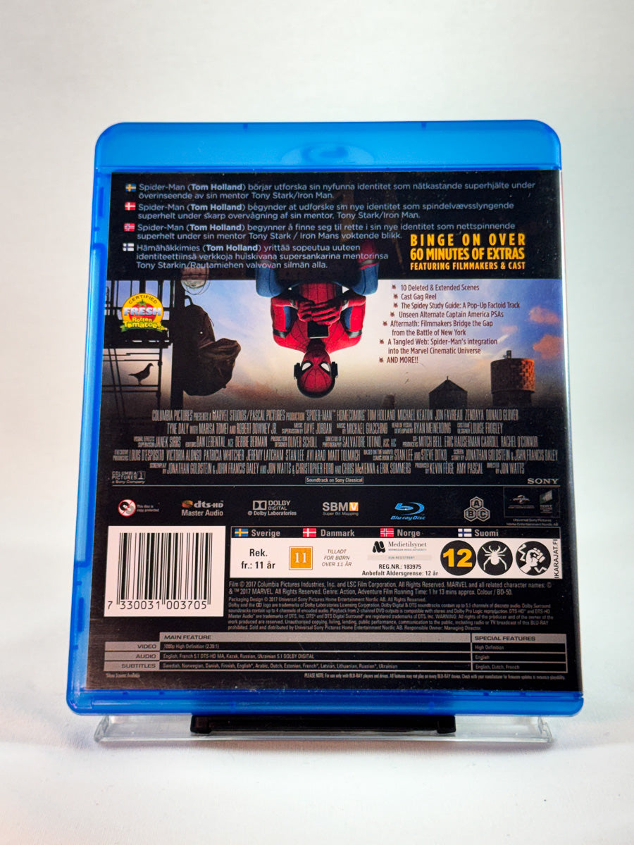 Bakside av Blu-ray-cover til Spider-Man: Homecoming, brukt Blu-ray hos Brukbar Film