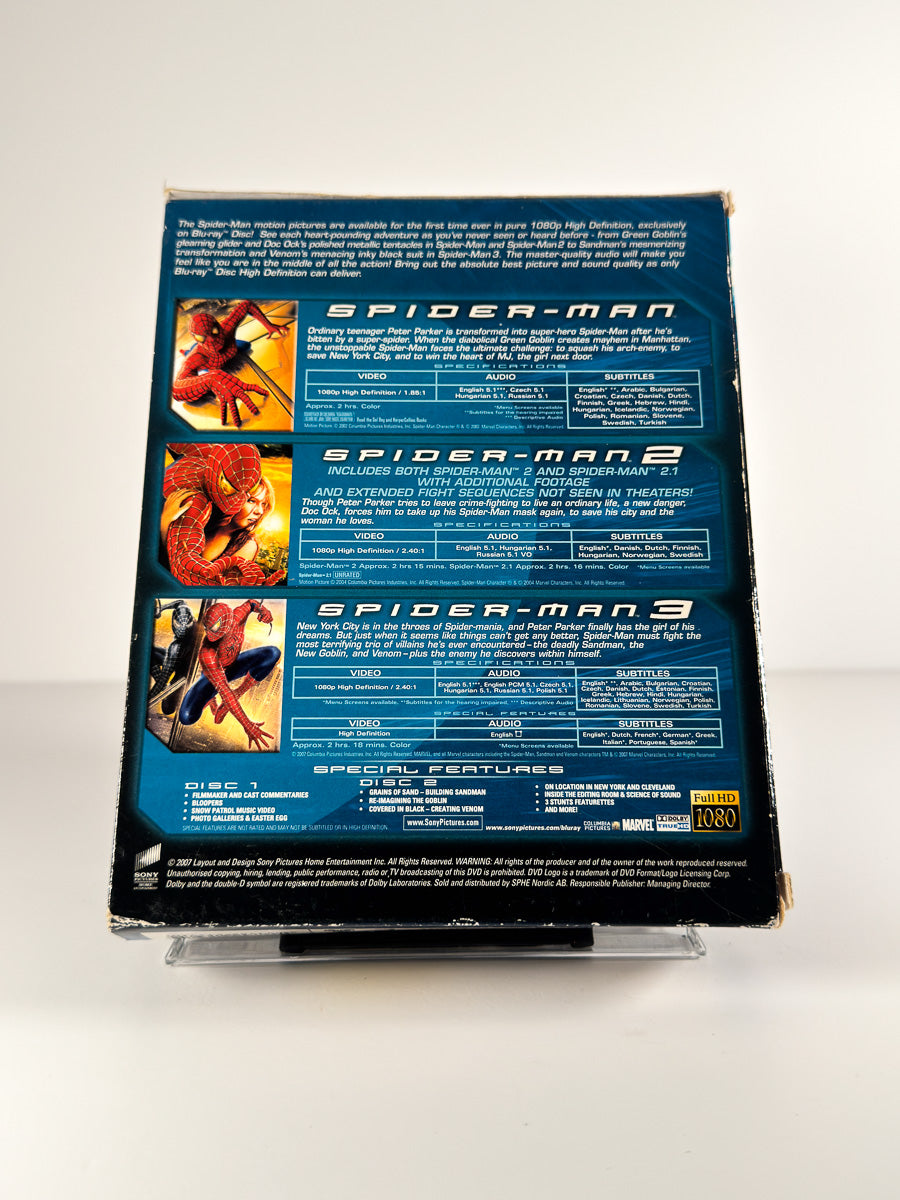 Bakside av cover til Spider-Man – The High Definition Trilogy på Blu-ray