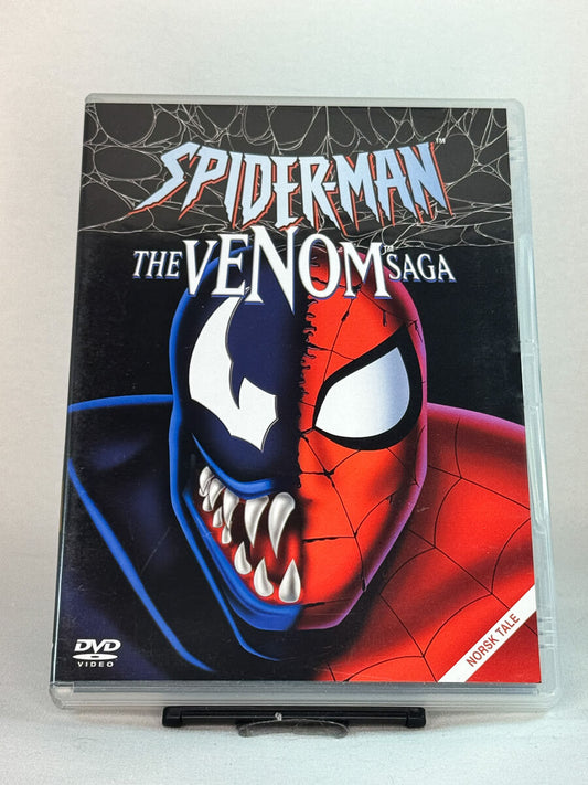 Forside av DVD-cover til Spider-Man: The Venom Saga – tegnefilm med norsk tale om den klassiske kampen mellom Spider-Man og Venom, brukt superheltfilm på DVD hos Brukbar Film.