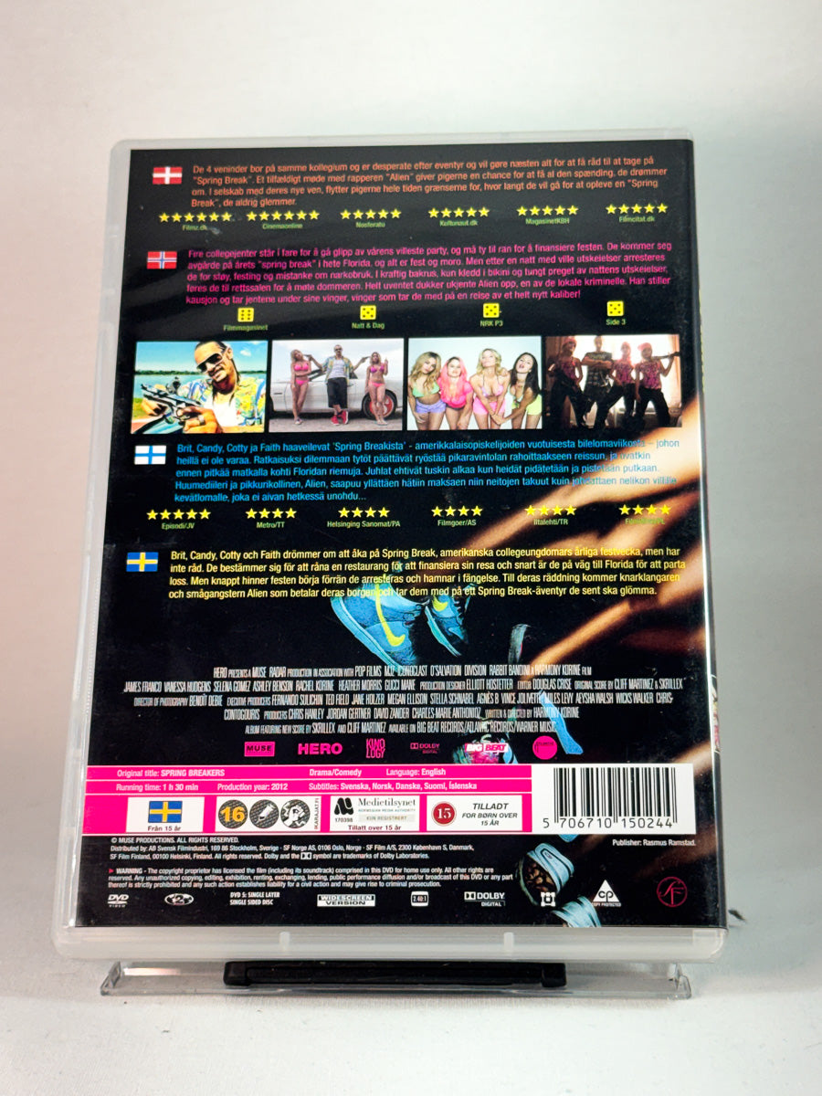 Bakside av cover til Spring Breakers, brukt original DVD hos Brukbar Film