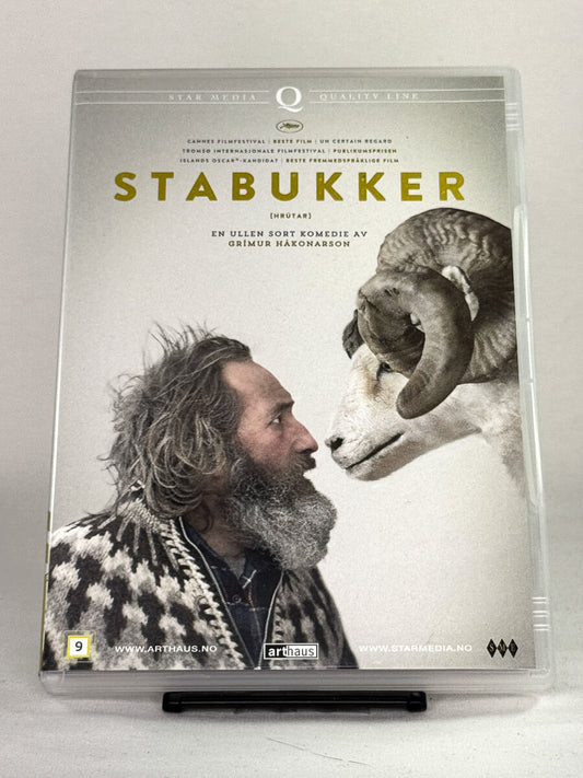 Forside av DVD-cover for Stabukker (Hrútar), en islandsk prisvinnende dramakomedie; brukt DVD-cover hos Brukbar Film.