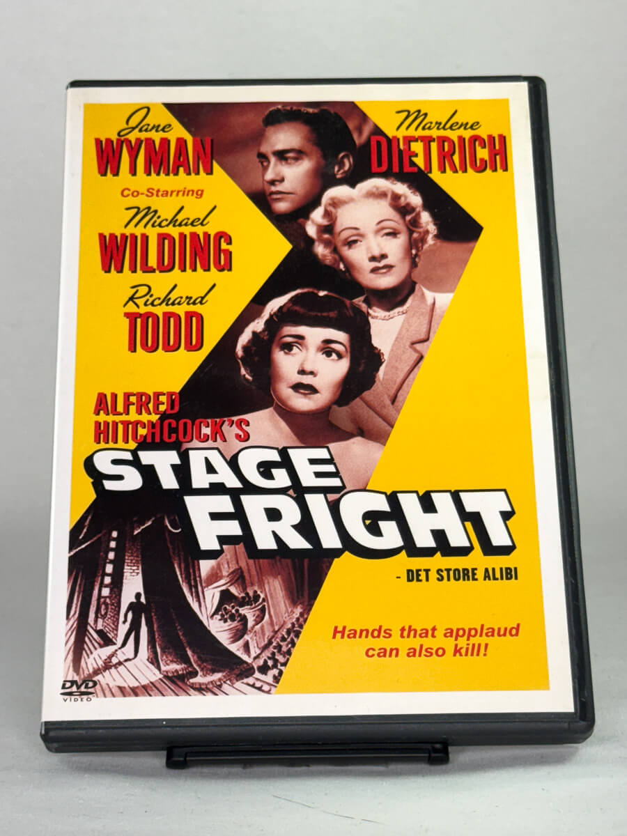 Brukt DVD-film Stage Fright – Det store alibi – forside av filmcover, brukte krim- og thrillerklassikere fra Hitchcock hos Brukbar Film
