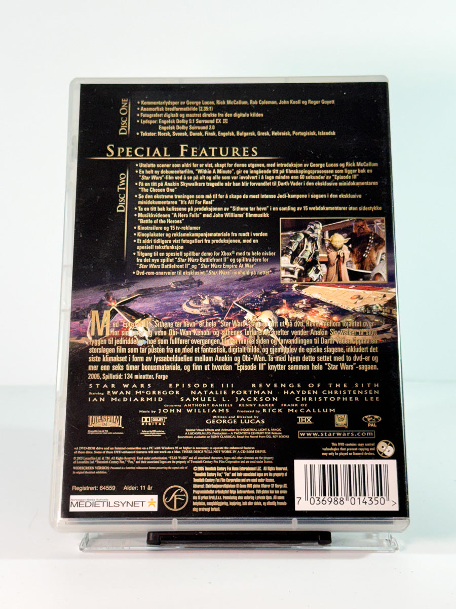 Bakside av cover til star wars episode 3 revenge of the sith, brukt original DVD hos Brukbar Film