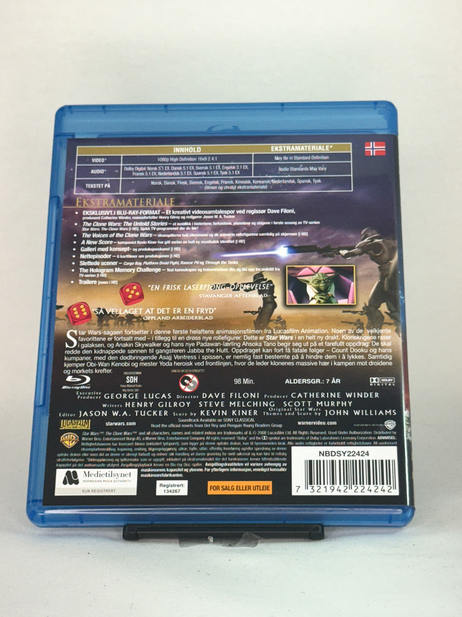 Bakside av Blu-ray-cover til Star Wars: The Clone Wars – brukt Blu-ray med spesifikasjoner og språk, Brukbar Film