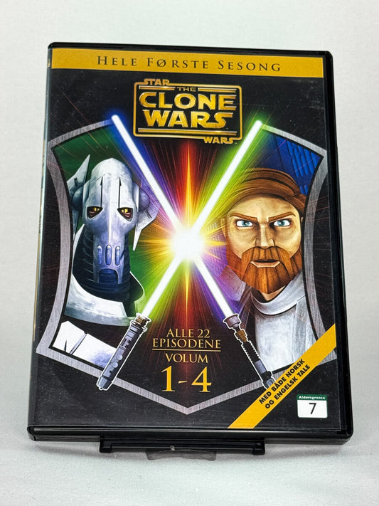 Forside av DVD-cover til Star Wars: The Clone Wars – Hele første sesong – komplett animert serie i fire volumer med norsk og engelsk tale – brukt sci-fi-serie på DVD hos Brukbar Film.