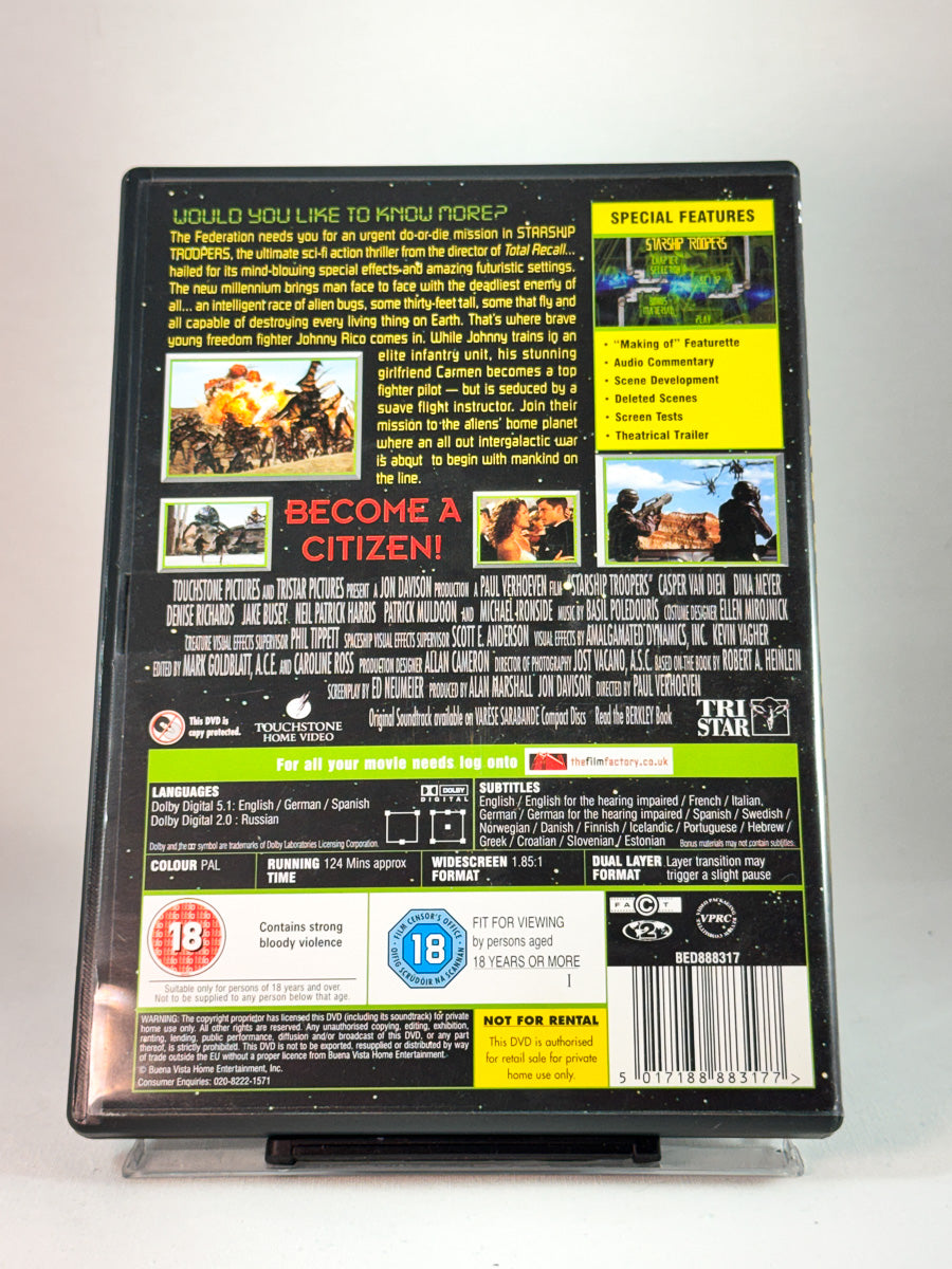 Bakside av cover til Starship Troopers, bruktfilm hos nettbutikken Brukbar Film