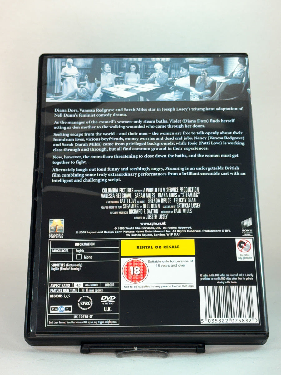 Bakside av DVD-cover til Steaming, bruktfilm på DVD hos Brukbar Film