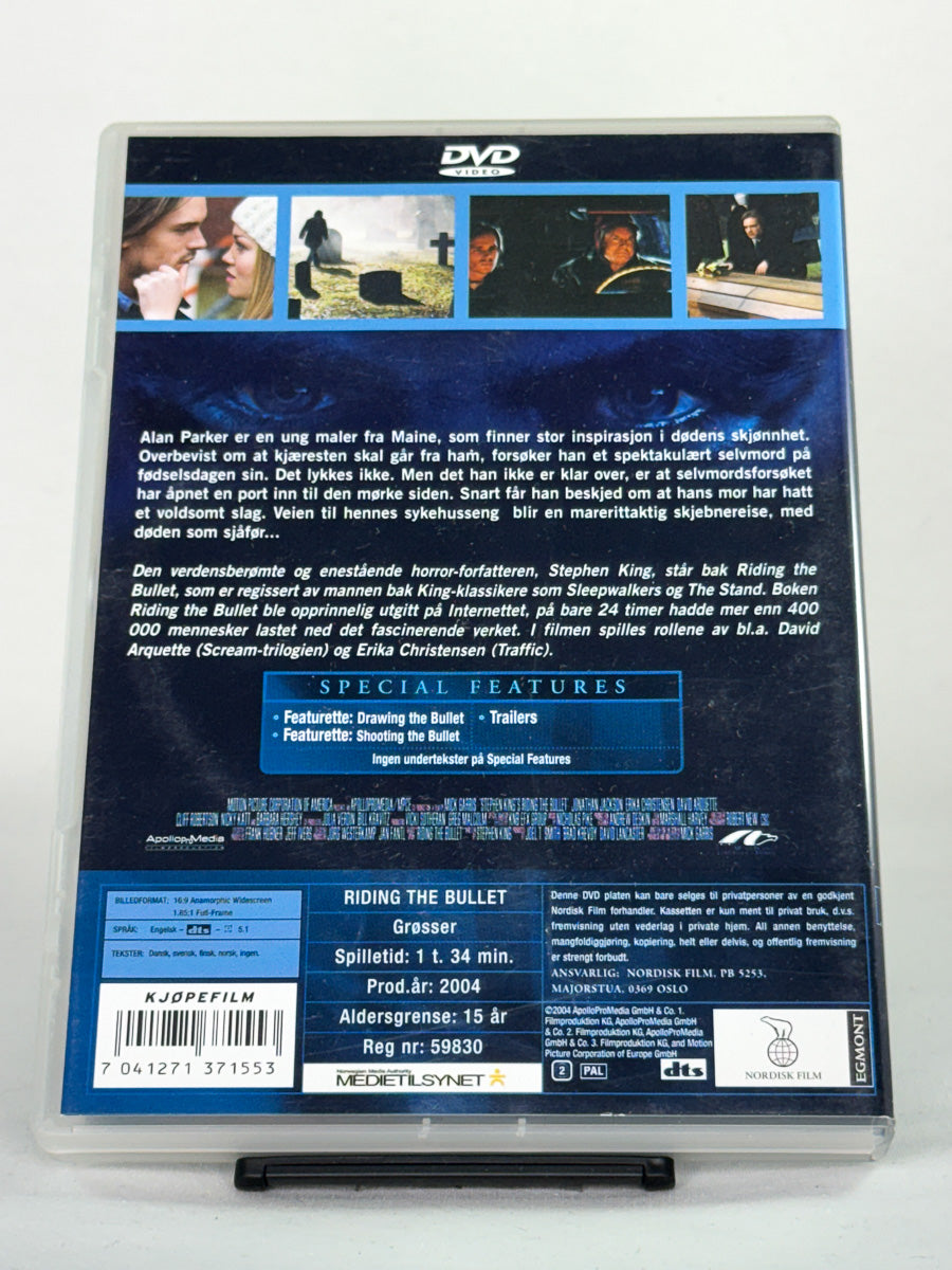Bakside av DVD-cover til Stephen King’s Riding the Bullet – brukt skrekkfilm på DVD, kjøp hos Brukbar Film.