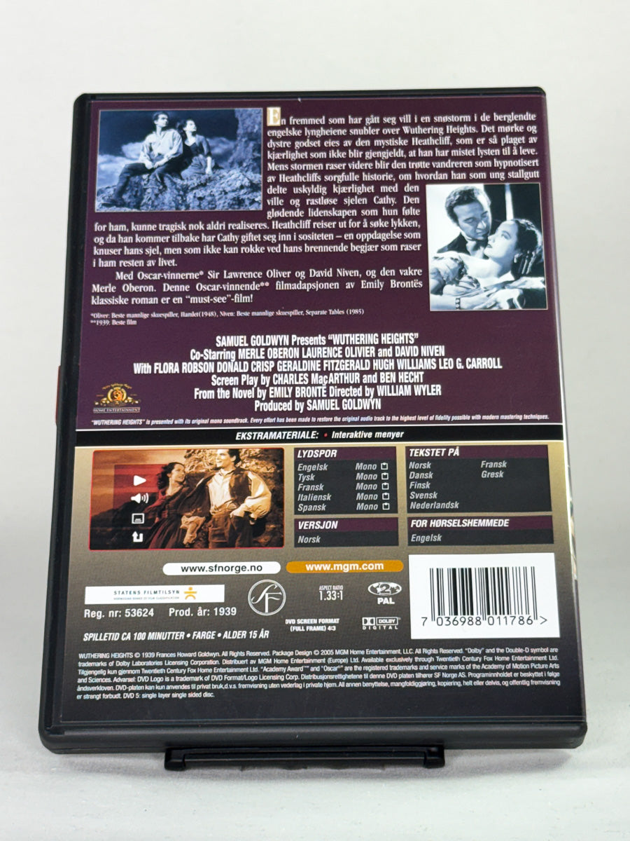 Bakside av DVD-cover til Stormfulle høyder – romantisk drama basert på Emily Brontës roman, brukt DVD hos Brukbar Film
