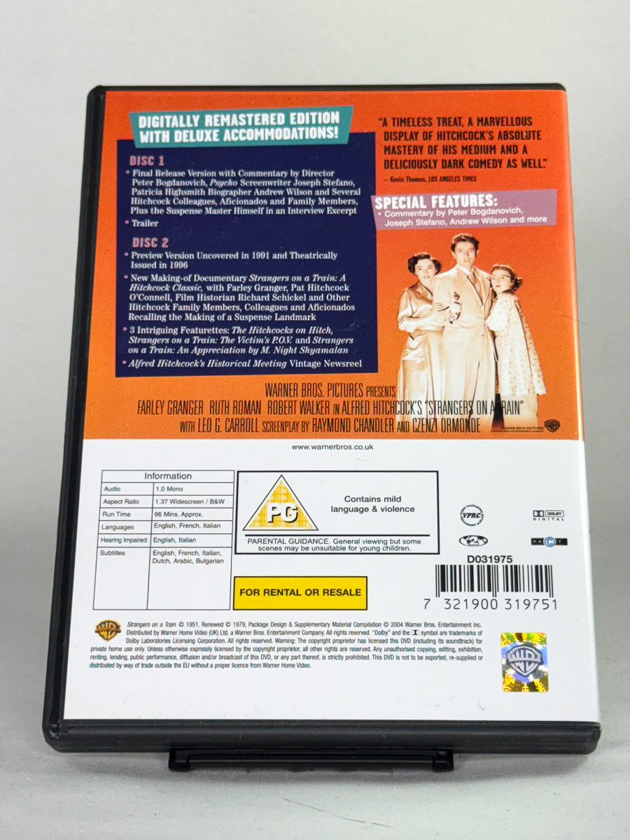 Bakside av DVD-cover til Strangers on a Train – brukt original thriller-klassiker på DVD, tilgjengelig hos Brukbar Film
