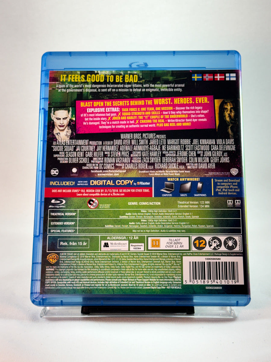 Suicide Squad – Extended Cut – bakside av Blu-ray-cover, utvidet versjon av DC-filmen, bruktfilm hos Brukbar Film
