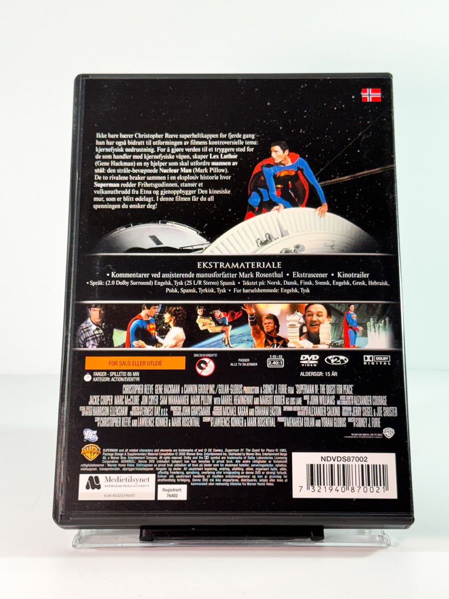 Bakside av cover til superman iv the quest for peace, bruktfilm hos nettbutikken Brukbar Film